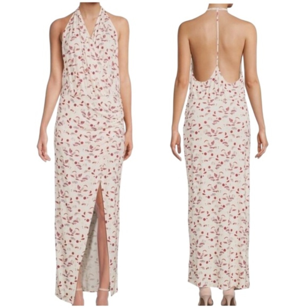 Free People Daria Ivory Printed Sleeveless Draped Halter Slit T-Back Maxi Dress